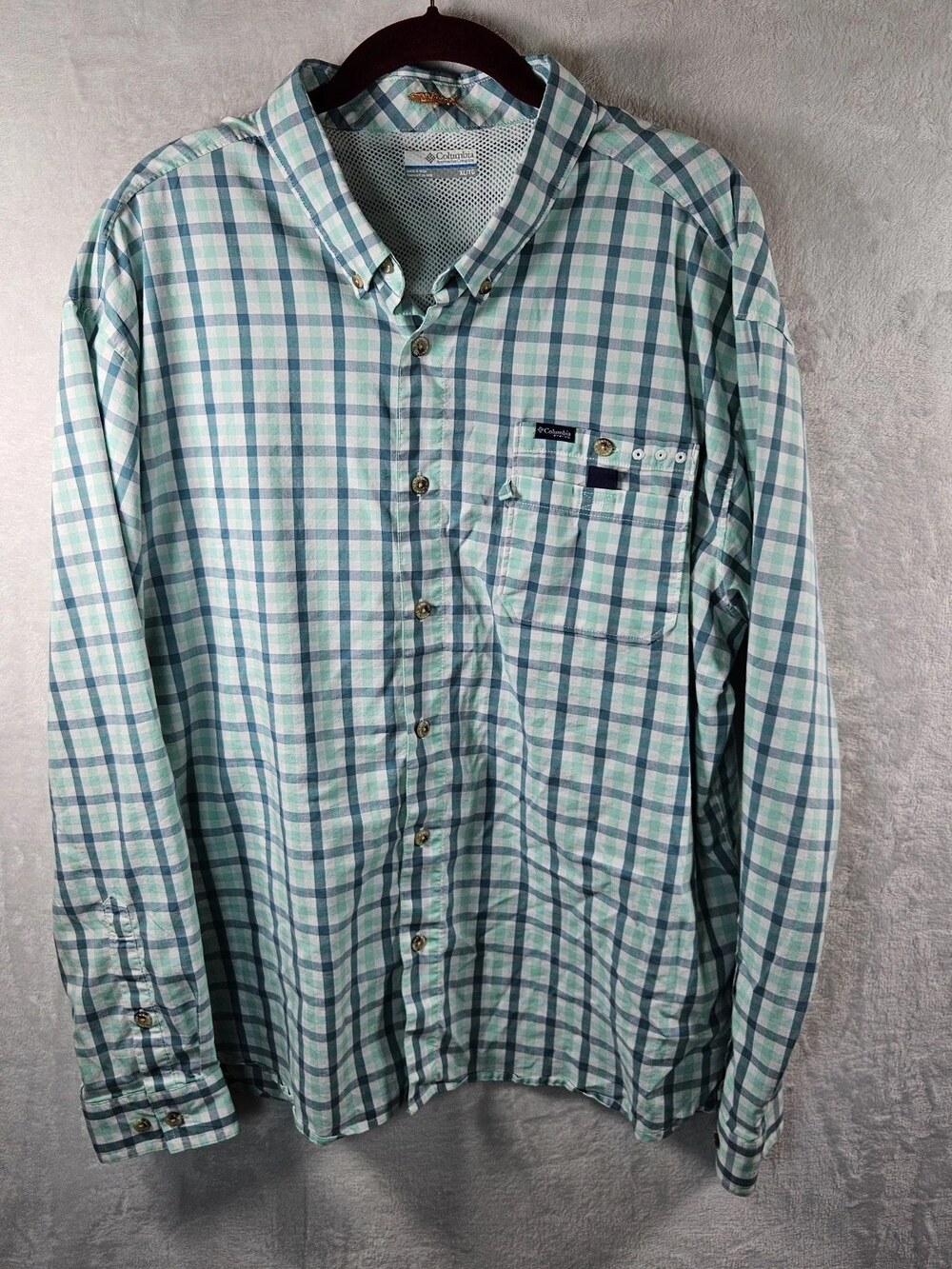 Columbia PFG Plaid Button-Down Shirt Green Teal Men's Size XL